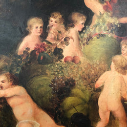 Large French Oil On Canvas Of Romantic Scene With Cherubs