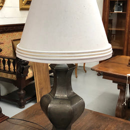 Beautiful pair of 19th Century pewter covered Bronze table lamps with light grey shades .They have been rewired and in good working order.