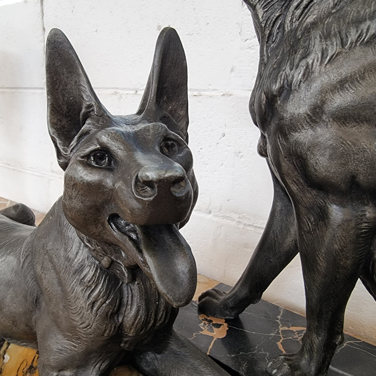 French Art Deco Statue Of Two German Shepherds On Marble Base