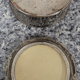 Unusual Antique silver over pottery Italian trinket box nicely decorated with Cherubs. It is in good original condition, please view photos as they help form part of the description.