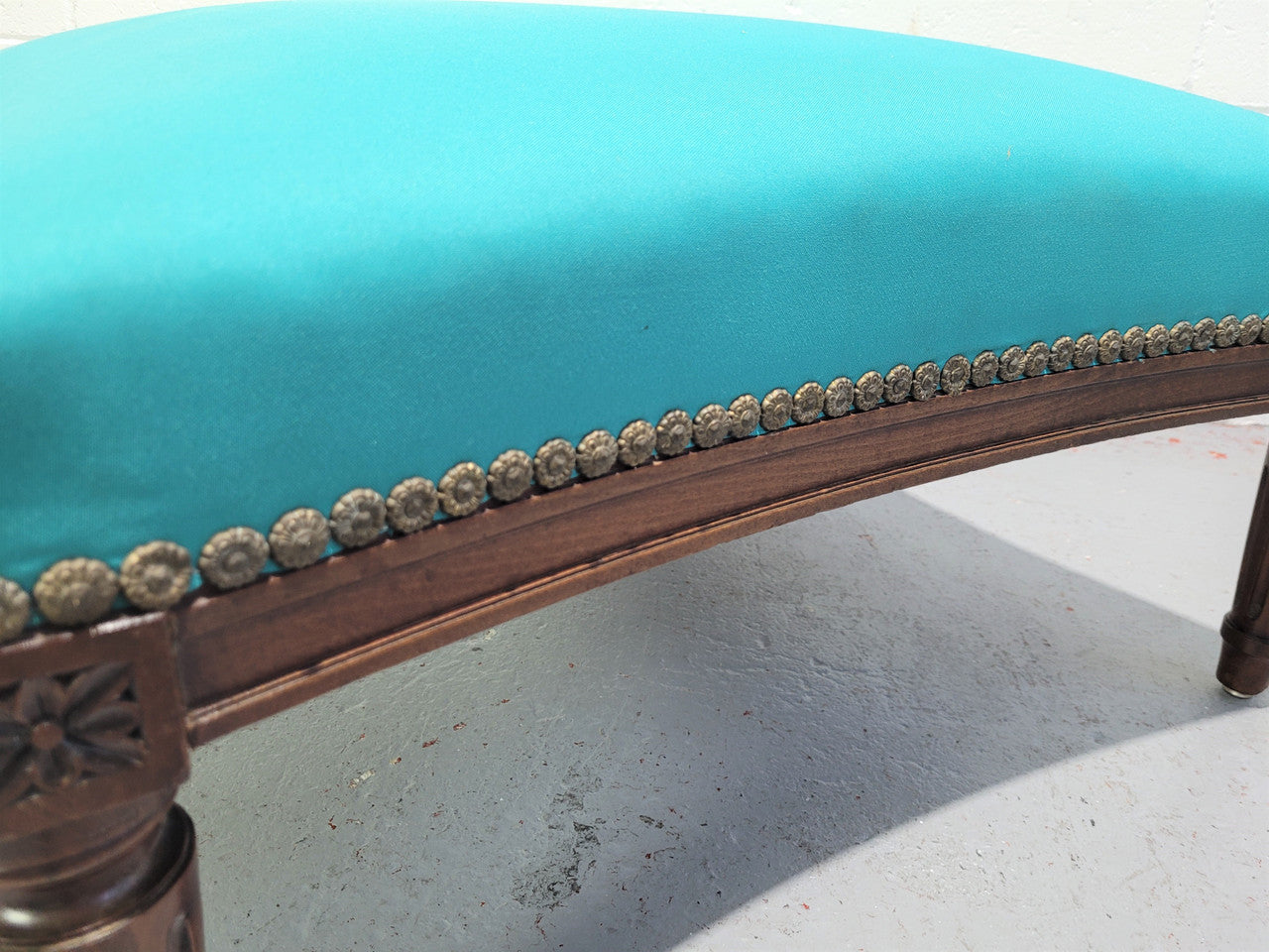 Louis XVI style Walnut blue upholstered large square foot stool. In good original condition.