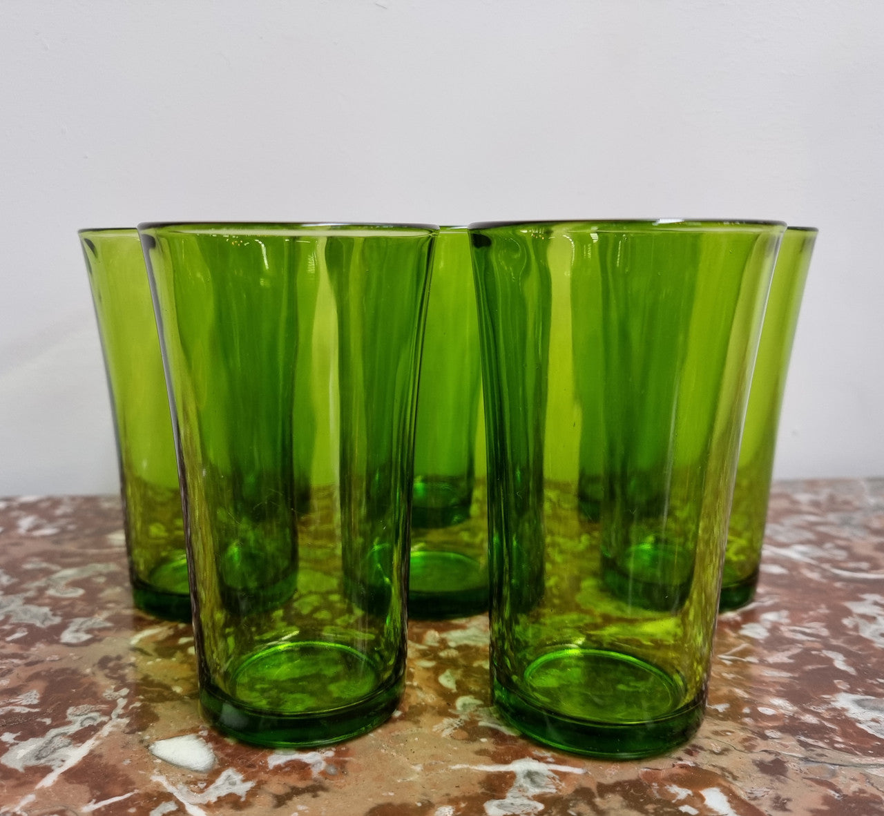 Set of 8 French Green Duralex drinking glasses. They are in good original condition with no chips or cracks, please view photos as they help form part of the description.