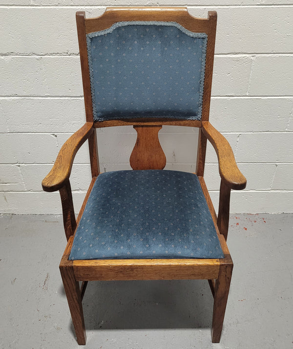 Arts and crafts style blue upholstered armchair. In good original detailed condition.