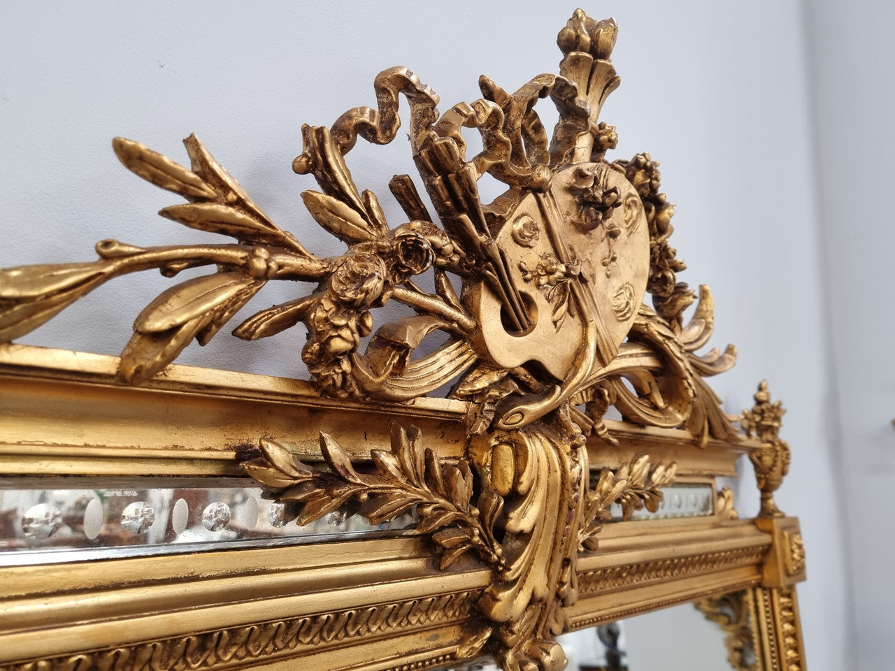 Beautifully Carved and Decorated Antique Gilt Napoleon III Louis XVI Style Gilt Overmantel Mirror