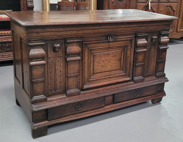 Stunning 18th Century solid French oak Cassone. It has plently of storage space inside along with two drawers at the bottom. It has loads of charter and has been sourced from France. It is in good original detailed condition.