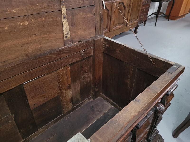 Stunning 18th Century solid French oak Cassone. It has plently of storage space inside along with two drawers at the bottom. It has loads of charter and has been sourced from France. It is in good original detailed condition.