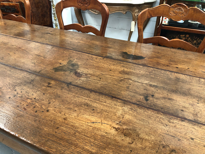 19th Century French three meter Farmhouse table with a beautiful original rustic top. In very good original detailed condition.