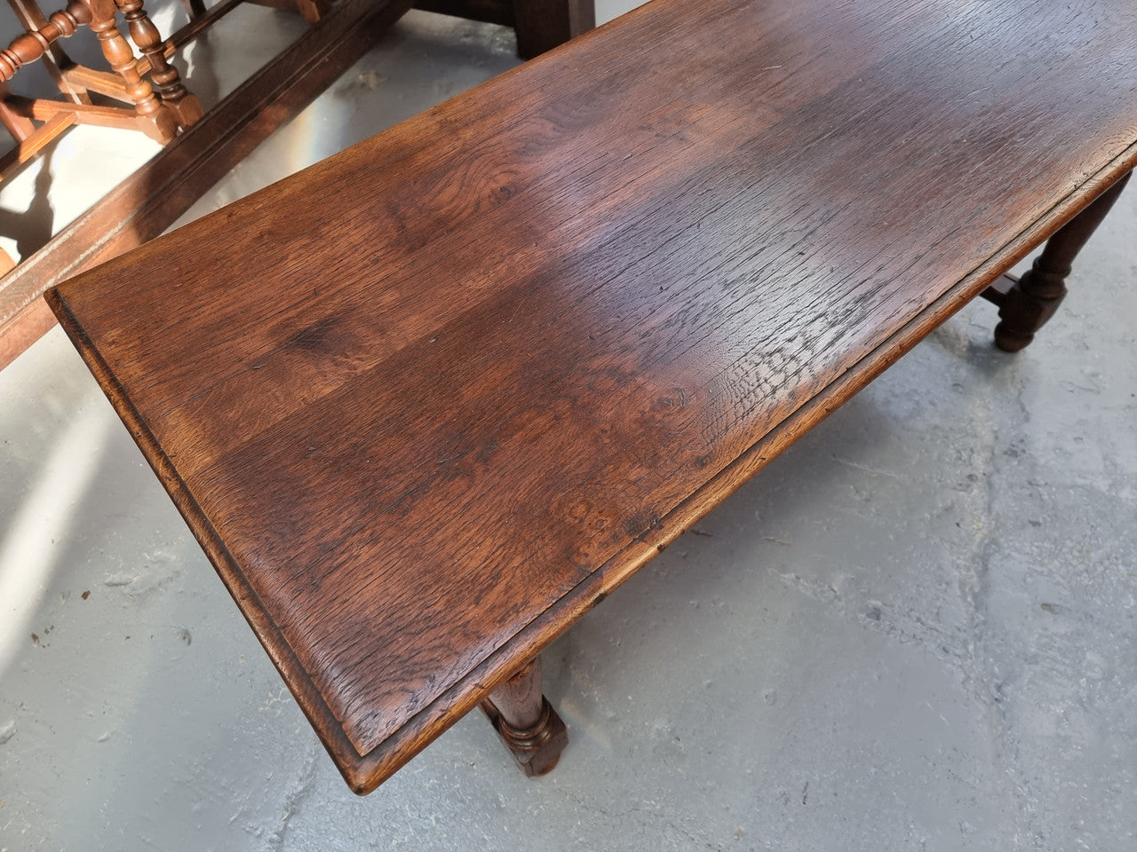 Beautiful French oak 2 drawer coffee table. In good original detailed condition.