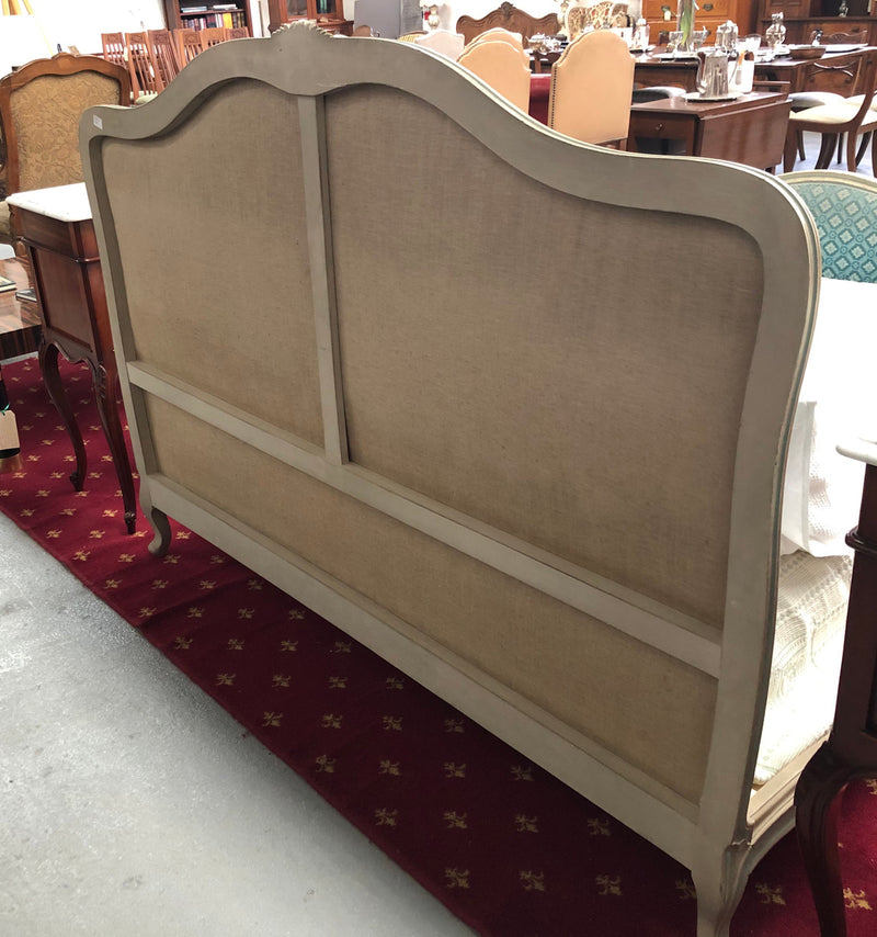 Painted Louis XV style upholstered queen size bed with its original paint and upholstery. Comes with custom made slats, all you need to is place you mattress on top.