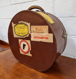 Solid Leather Hatbox With Patterned Fabric Interior With Two Pockets | Antique & Vintage | Moonee Ponds Antiques | Australia Wide Delivery