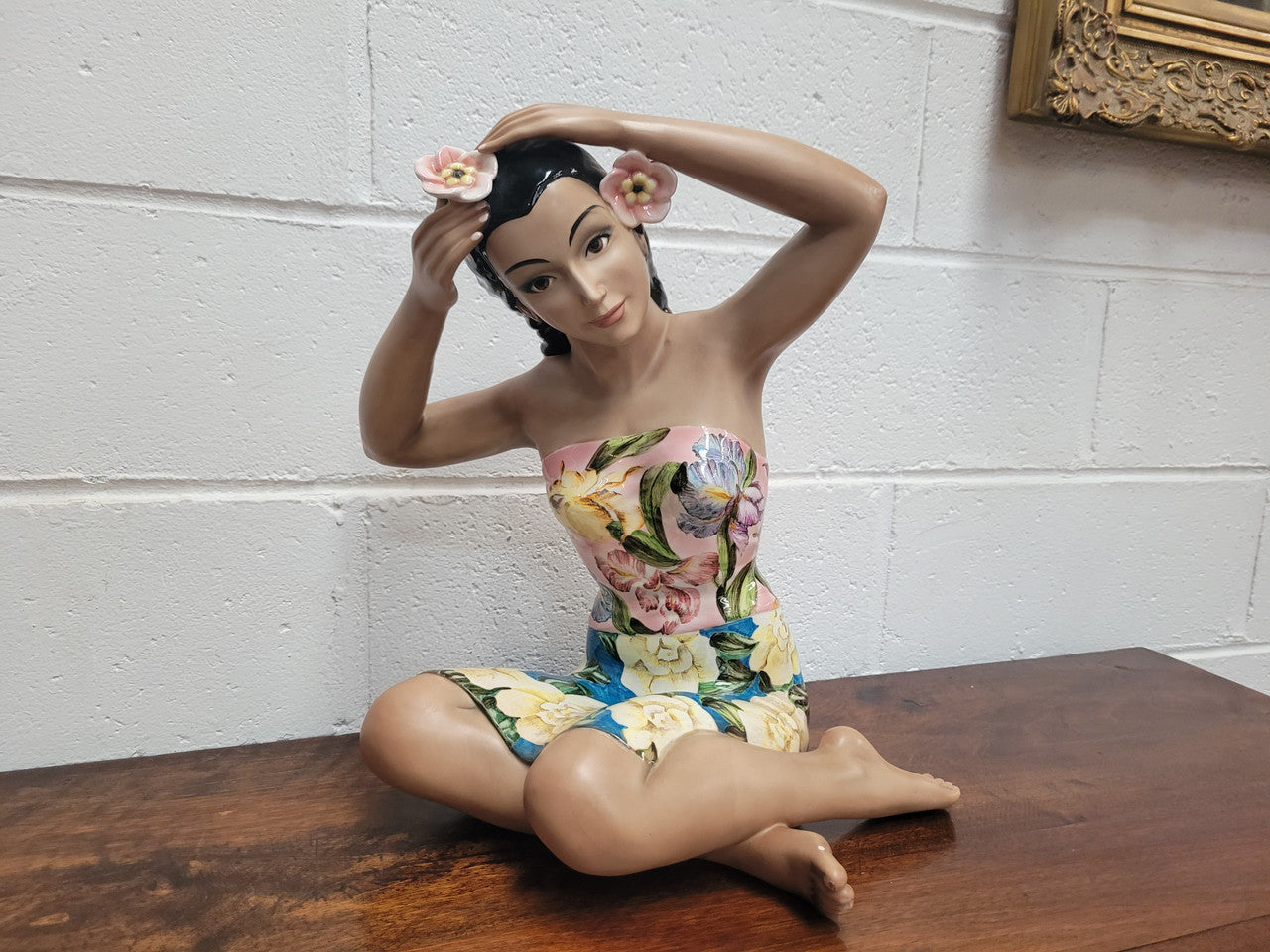 Large, Striking, Vintage Art Deco Tropical female porcelain figurine by Lenci Artist RONZAN, Italy.  Beautifully modelled she is wearing a gorgeous polychrome strapless dress and flowers in her hair. Circa 1950’s.