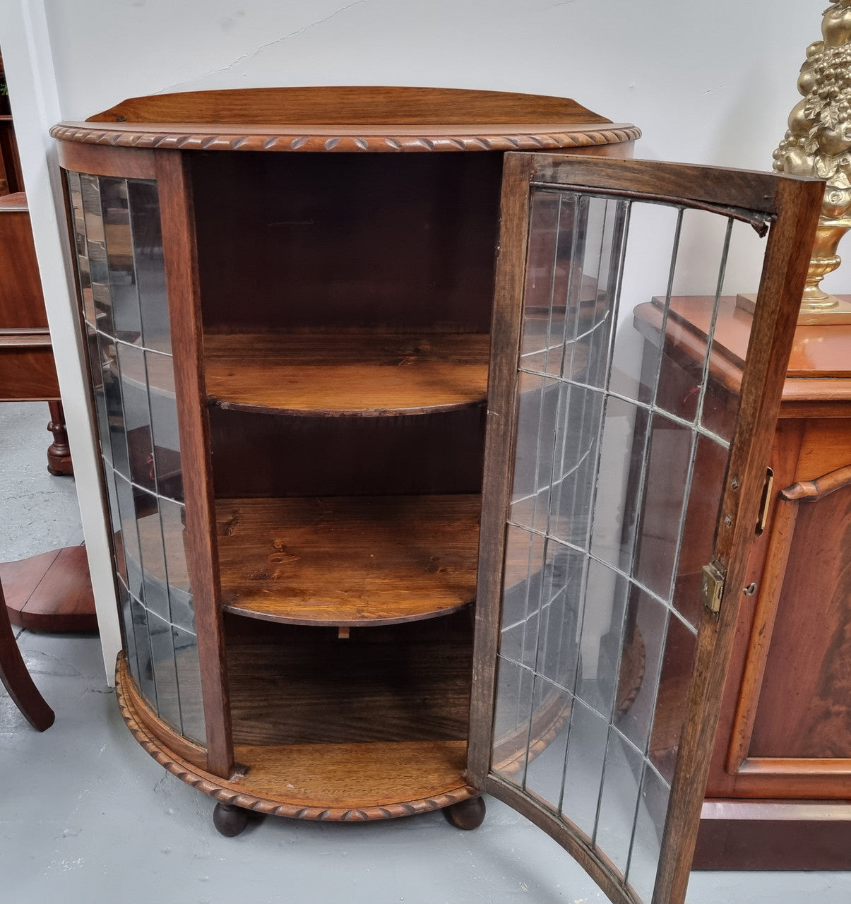 Vintage Australian Oak Half Round Leadlight Display Cabinet