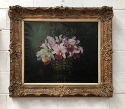 Signed French Oil On Canvas Painting Of Orchids In Basket In Gilt Frame | Antique & Vintage | Moonee Ponds Antiques | Australia Wide Delivery