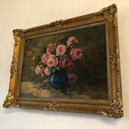 Beautifully framed signed, French oil on canvas of a vase of Pink roses and in good condition.