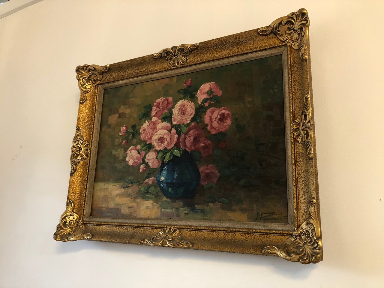 Beautifully framed signed, French oil on canvas of a vase of Pink roses and in good condition.