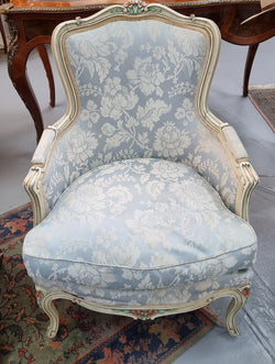 Pair of Stunning Louis XV Painted With Blue Upholstery Bergere Chairs | Antique & Vintage | Moonee Ponds Antiques | Australia Wide Delivery