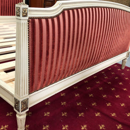 French Queen size upholstered Louis XV style painted bed. Comes with custom made slats, all you need to is place you mattress on top.