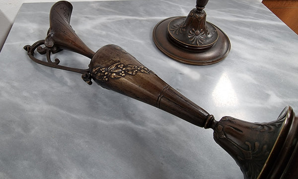 A stunning pair of French Art Nouveau bronze candlesticks. They are of fine quality and in very good condition.