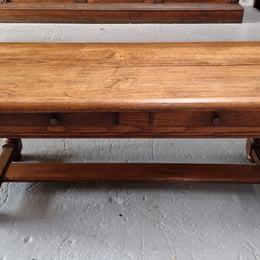 Fabulous Rustic French Oak coffee table with two drawers. It is in good original detailed condition.