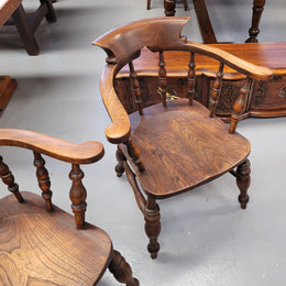 Just landed from France we have four amazing Victorian bow back chairs traditionally called a "smokers chair". They have been constructed from beautiful solid Elm wood and are very comfortable to sit in. All four are in good original detailed condition and are being sold individually for $550.00 each. Please contact us know if you would like more photos or information.