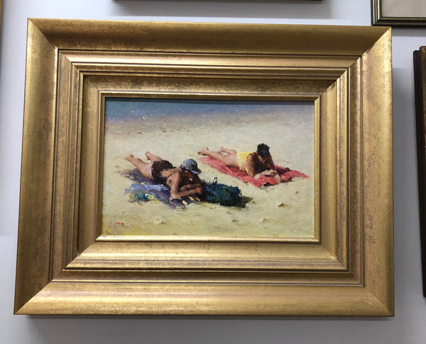 Framed Beach Oil On Board Painting By David Chen