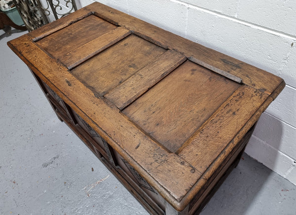 Early 19th Century French Oak carved coffer with a lift up lid for storage. A beautiful piece and in good original condition.