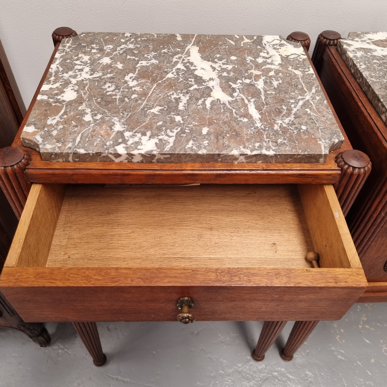 Pair French Louis 16th Style Oak Marble Top Bedsides