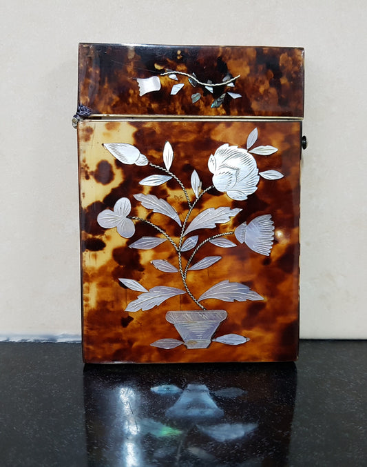 Victorian Tortoiseshell Card Case Inlaid With Floral Panels of Mother Of Pearl