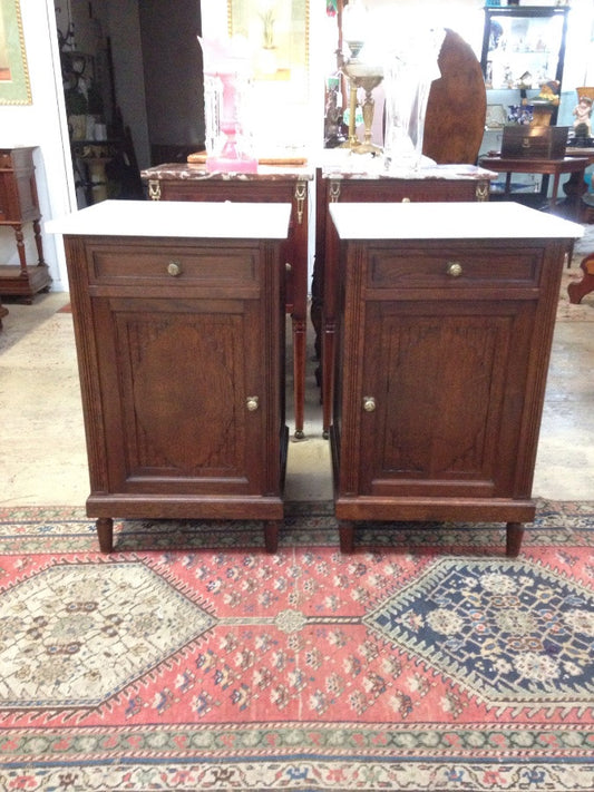 Pair French Oak Marble Top Bedsides