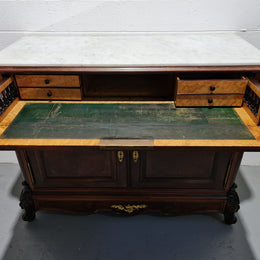 Stunning Rosewood Marble Topped Secretaire with two cupboards. Cupboards open to three fitted drawers and an additional secret drawer beneath the cupboard. All sitting on lovely carved legs and decorated with ormolu mounts. Circa: 1860. In good original detailed condition.