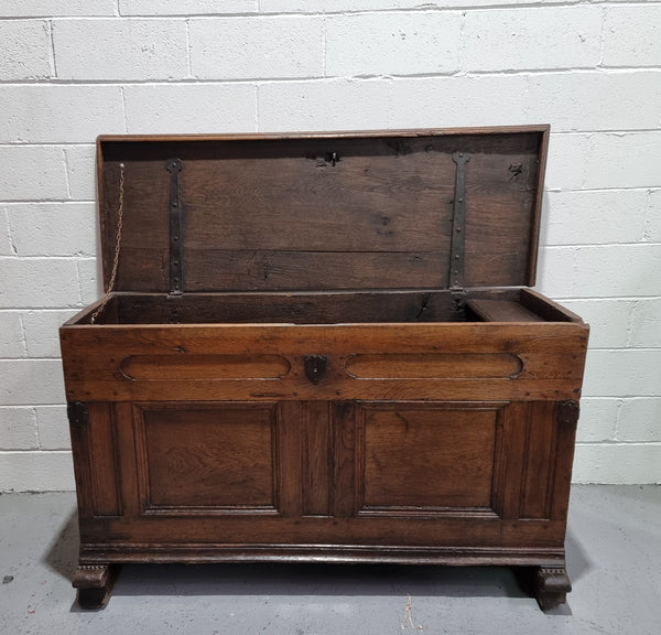 Fabulous early 19th Century French Oak carved coffer/ trunk. It has amazing patina and has a small inside storage section which originally would of been used for candles. It is in in good original condition.