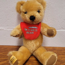 “Merry Thought” Golden Mohair fully Jointed Teddy Bear.  Made in England, commemorating QE2. 32cm length. Excellent Condition.