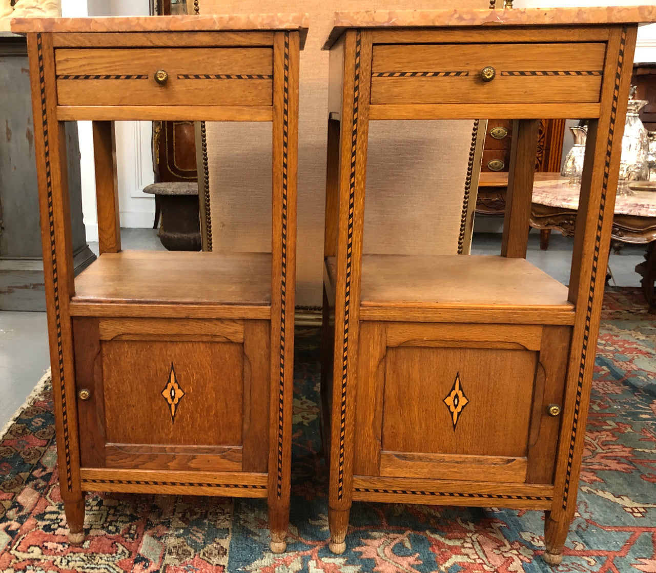 Beautiful Pair of French Oak Inlaid Marble Top Bedside Cabinets | Antique & Vintage | Moonee Ponds Antiques | Australia Wide Delivery