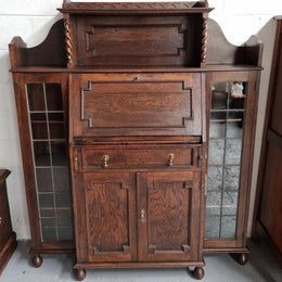 Oak Tudor Style Secretaire Bookcase With Leadlight Doors