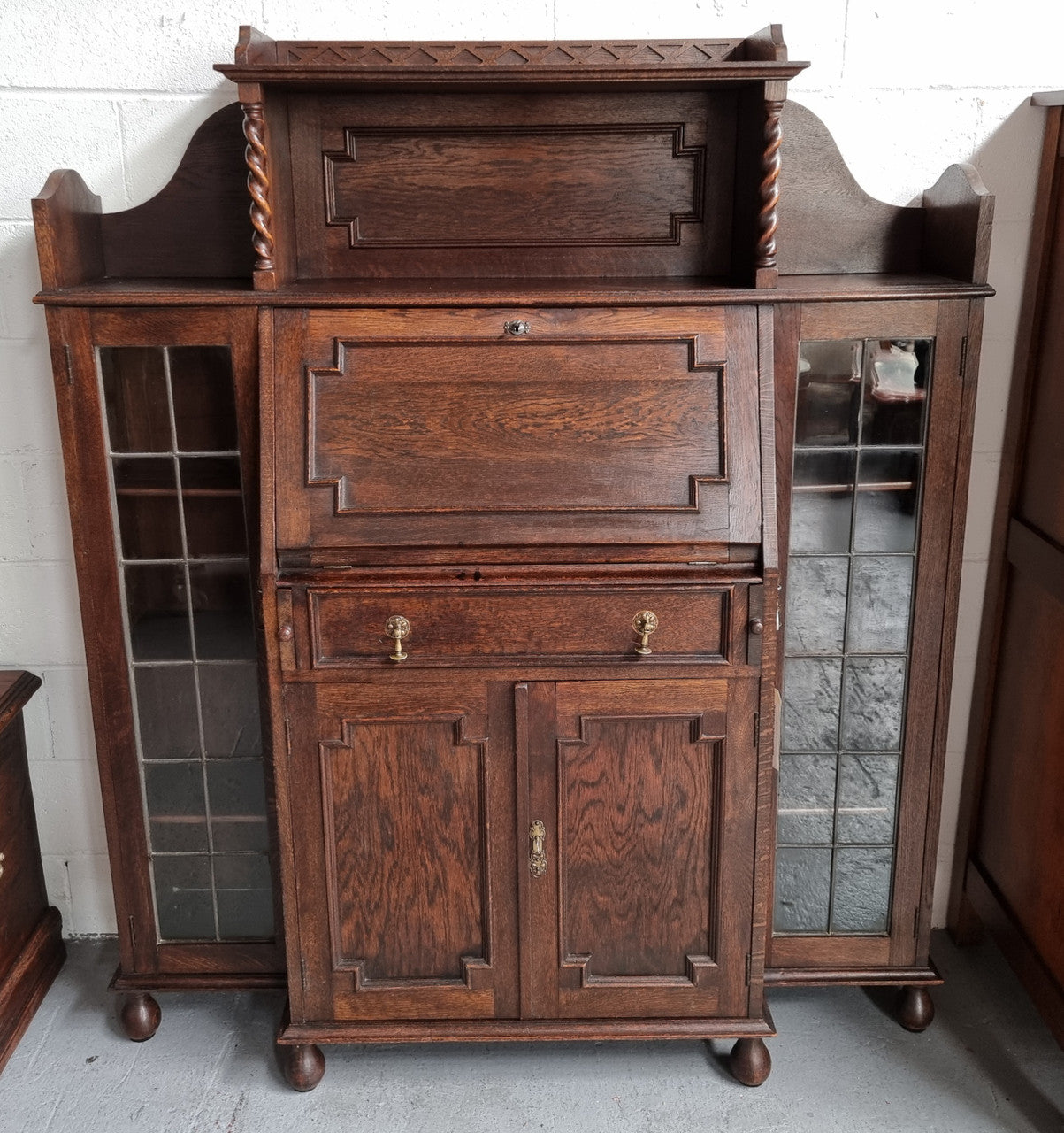 Oak Tudor Style Secretaire Bookcase With Leadlight Doors