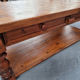 Beautiful Vintage Fruitwood, parquetry top coffee table with two drawers and storage underneath. It is in good original detailed condition.