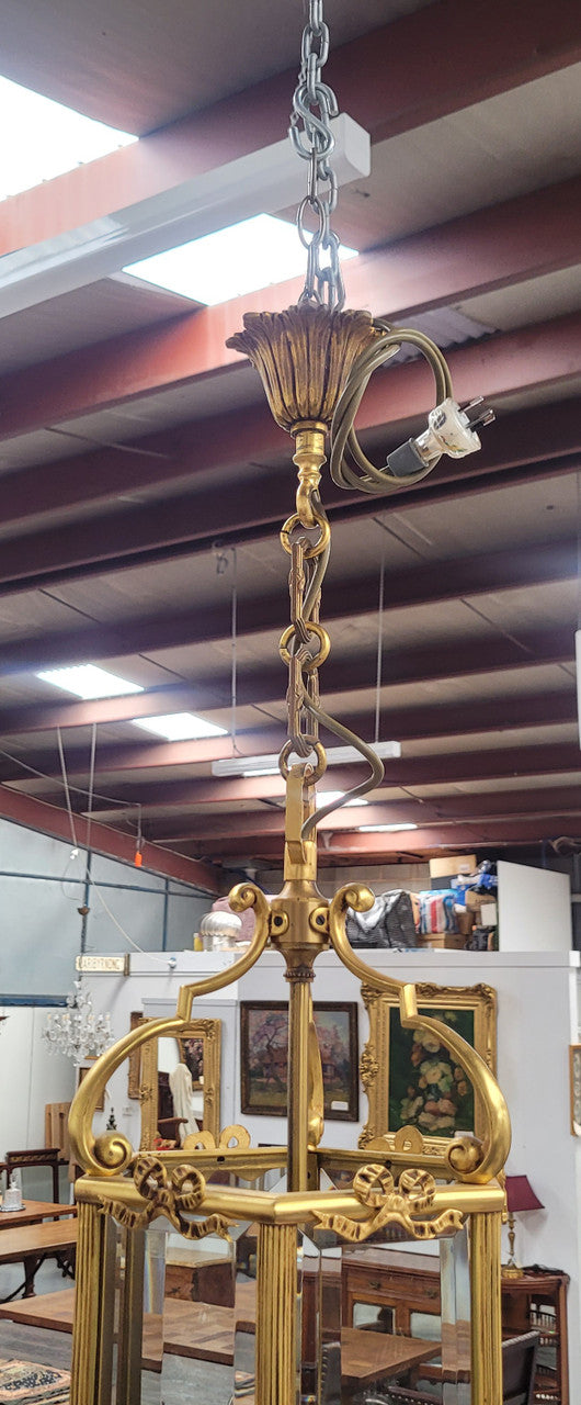 Charming three globe French bronze hexagonal ceiling light with beveled glass. Fully rewired to Australian standards and has been sourced from France. In good original condition.Charming three globe French bronze hexagonal ceiling light with beveled glass. Fully rewired to Australian standards and has been sourced from France. In good original condition.