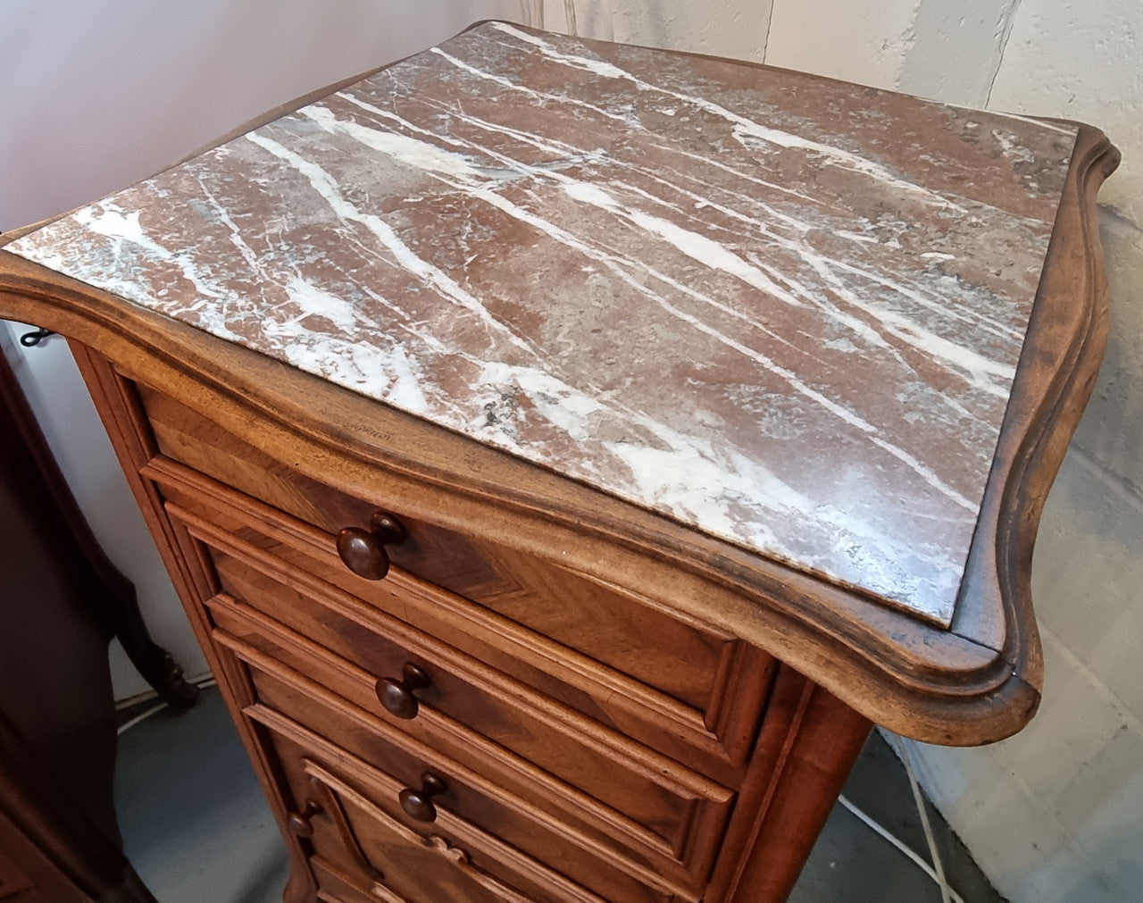 Louis XV Style Walnut  Bedside-Side Cabinet With Inset Marble Top