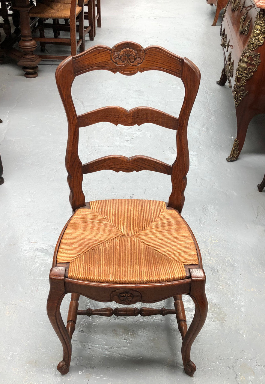 Antique Set Of Six French Oak Rush Seat Dining Chairs