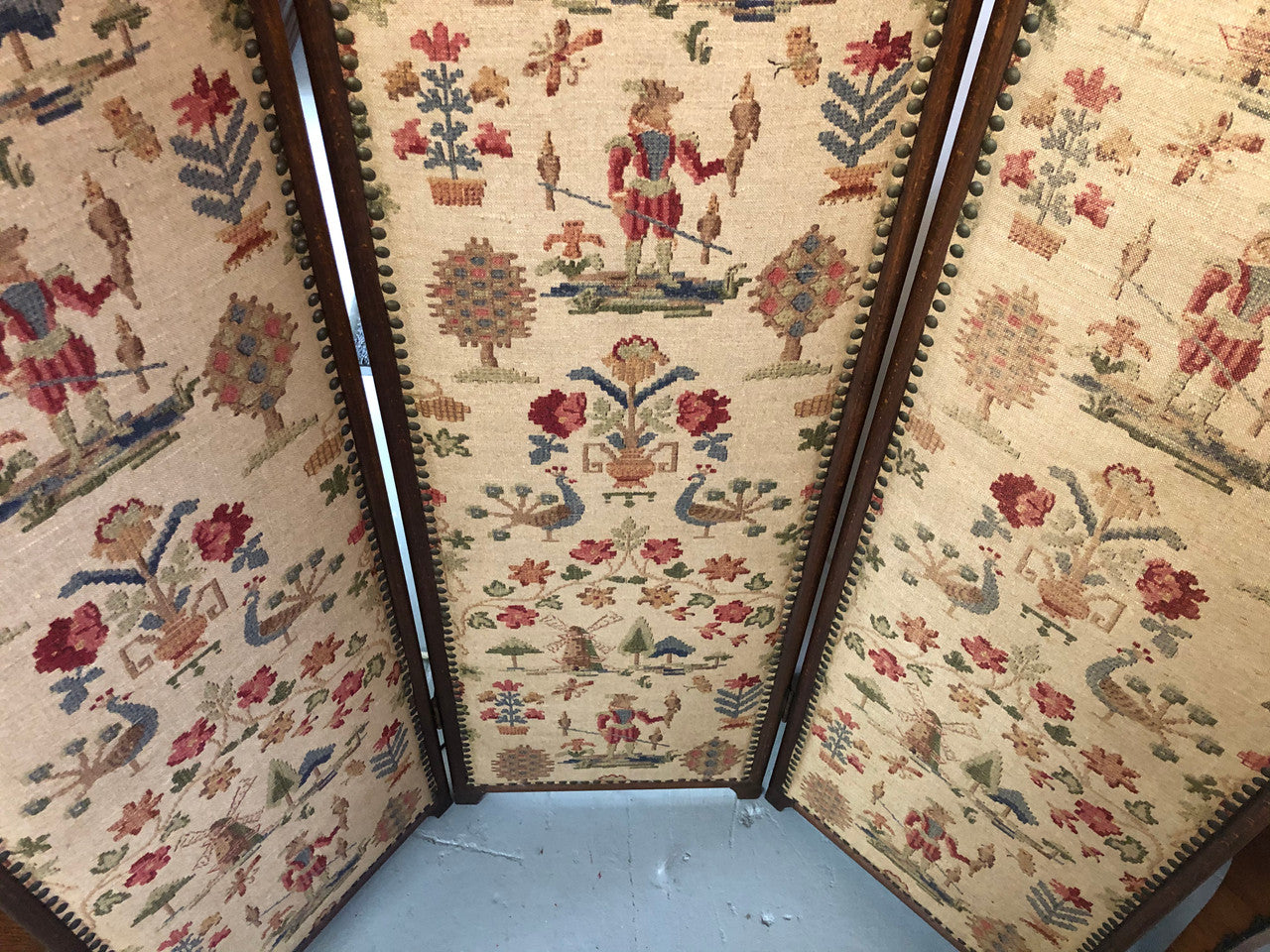 Vintage French Oak 3 fold tapestry covered privacy screen. Tapestry is in good condition with very minor wear and tear.