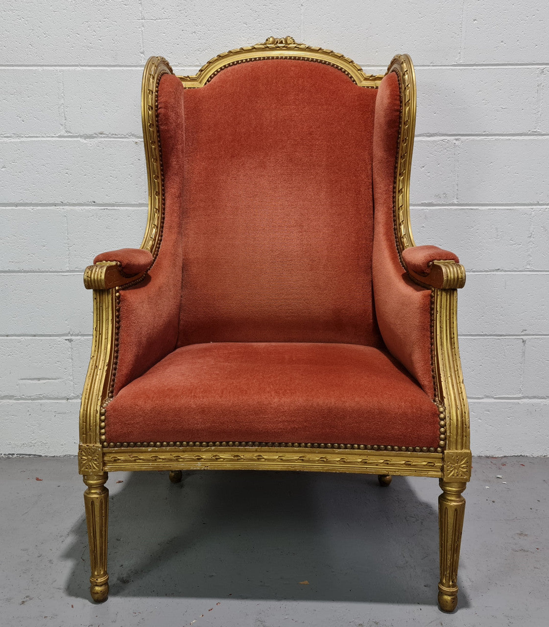 Antique Louis XVI Gilt Upholstered Bergere Wingback Chair