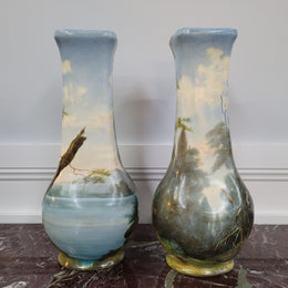 Pair of Victorian hand painted decorative vases depicting women. Please view photos as they help form part of the description.