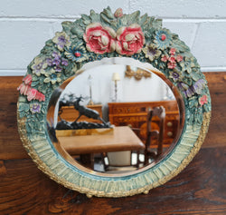 Beautifully Decorated Barbola Round Bevelled Edge Mirror | Antique & Vintage | Moonee Ponds Antiques | Australia Wide Delivery