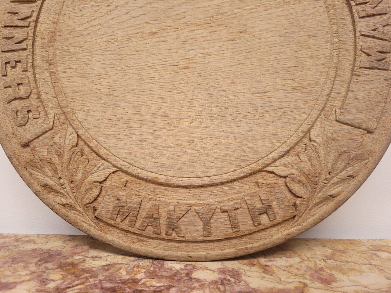 Antique Circular Oak Bread Board Carved with “Manners Makyth Man” & the Arms of Winchester College England | Antique & Vintage | Moonee Ponds Antiques | Australia Wide Delivery