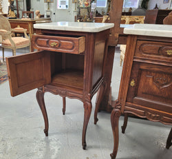 Pair French Oak Louis XV Carrera Marble Top Bedside Cabinets | Antique & Vintage | Moonee Ponds Antiques | Australia Wide Delivery