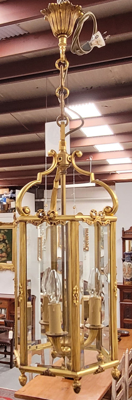 Charming three globe French bronze hexagonal ceiling light with beveled glass. Fully rewired to Australian standards and has been sourced from France. In good original condition.
