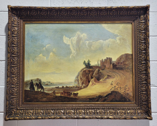 Fabulous 19th Century oil on canvas of travelers near castles and ruins landscape. In good original detailed condition.
