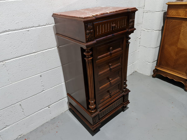 French Walnut Henry 2nd style three drawer one cupboard single side cabinet with rouge marble top. Circa: 1890. In Good original detailed condition.