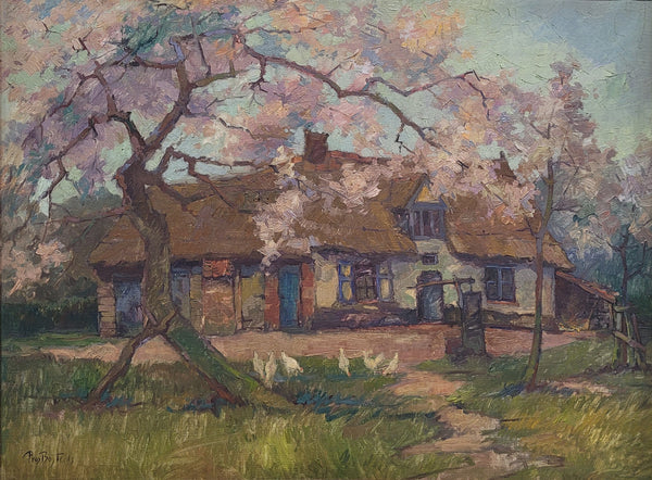 Stunning French oil on canvas signed by Prosper Bosteels (1881-1964). Depicting painting of a house with a flowering cherry tree and in a gilt frame. In good original detailed condition. Sourced from France.