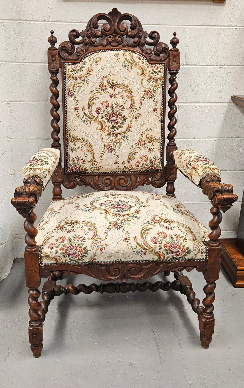 Early 19th Century French renaissance beautifully carved chair with stunning new upholstery. In good original condition with new upholstery.